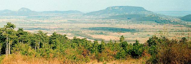 Kilts a Tapolcai-medencre a Ksrleti-erd fels tisztsrl.Balrl:Tti-hegy, Gulcs, rsi-hegy, Badacsony s Szigliget